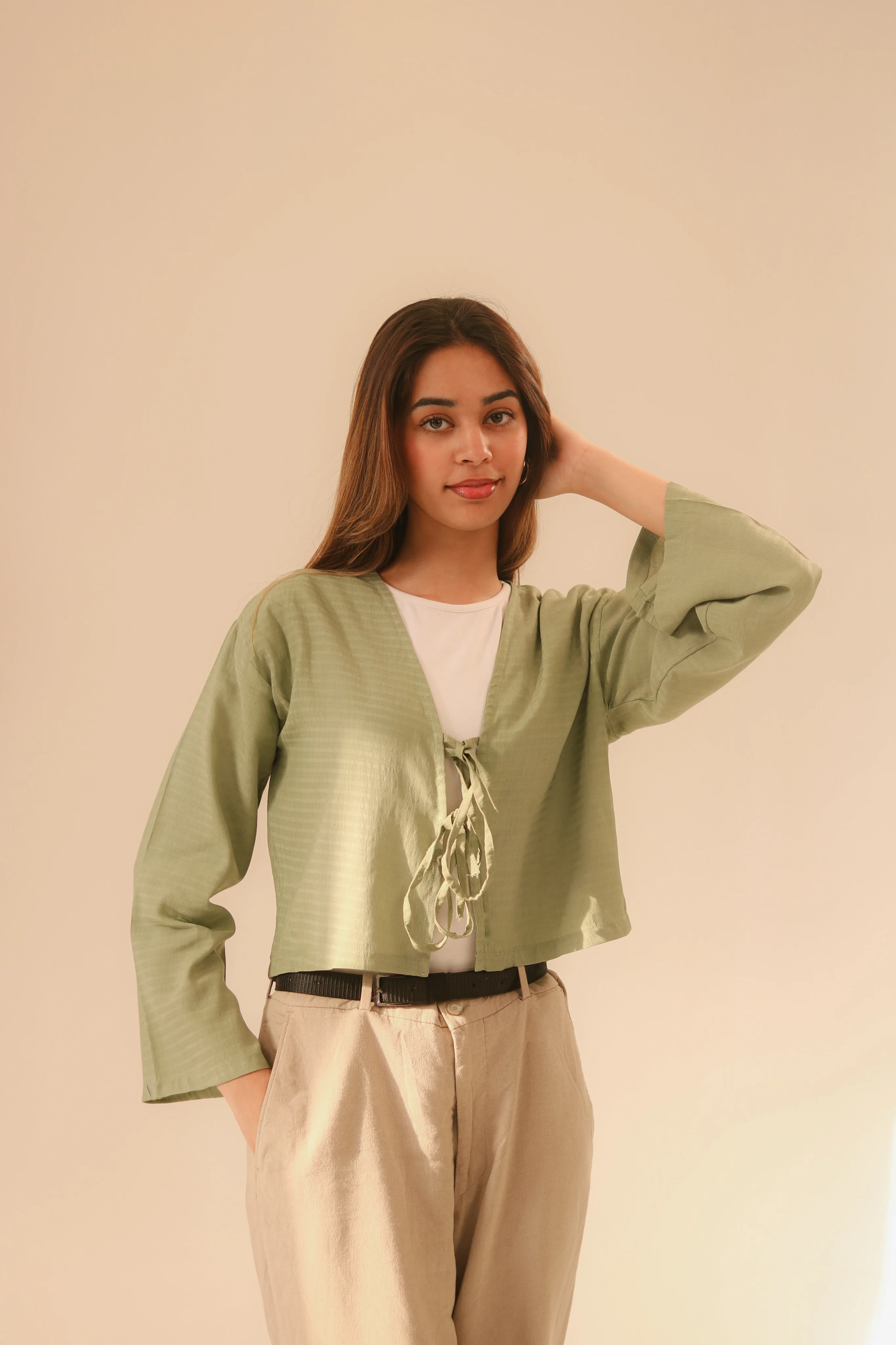 Breezy Sage Green Front Double Tie Coverup Top - Image 3