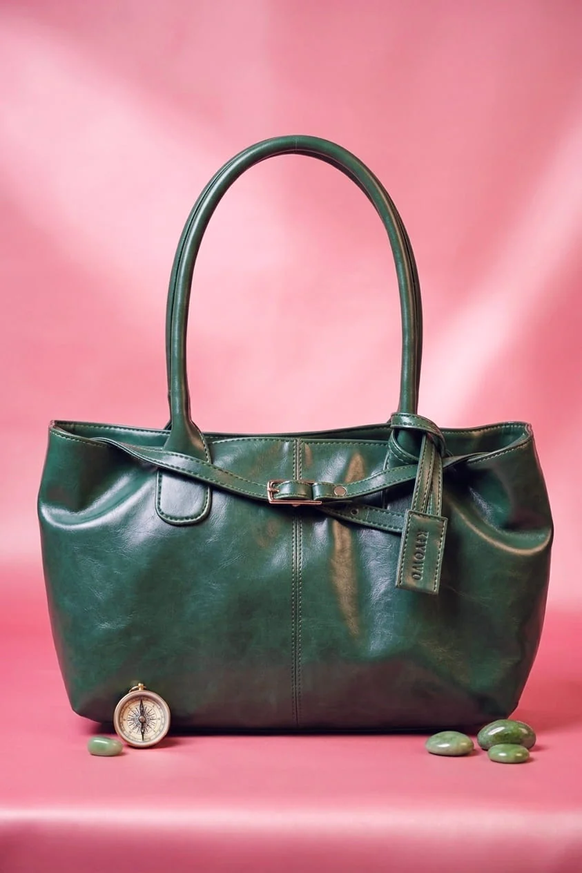 Emerald Green Buckle Detail Shoulder Tote Bag - Image 3