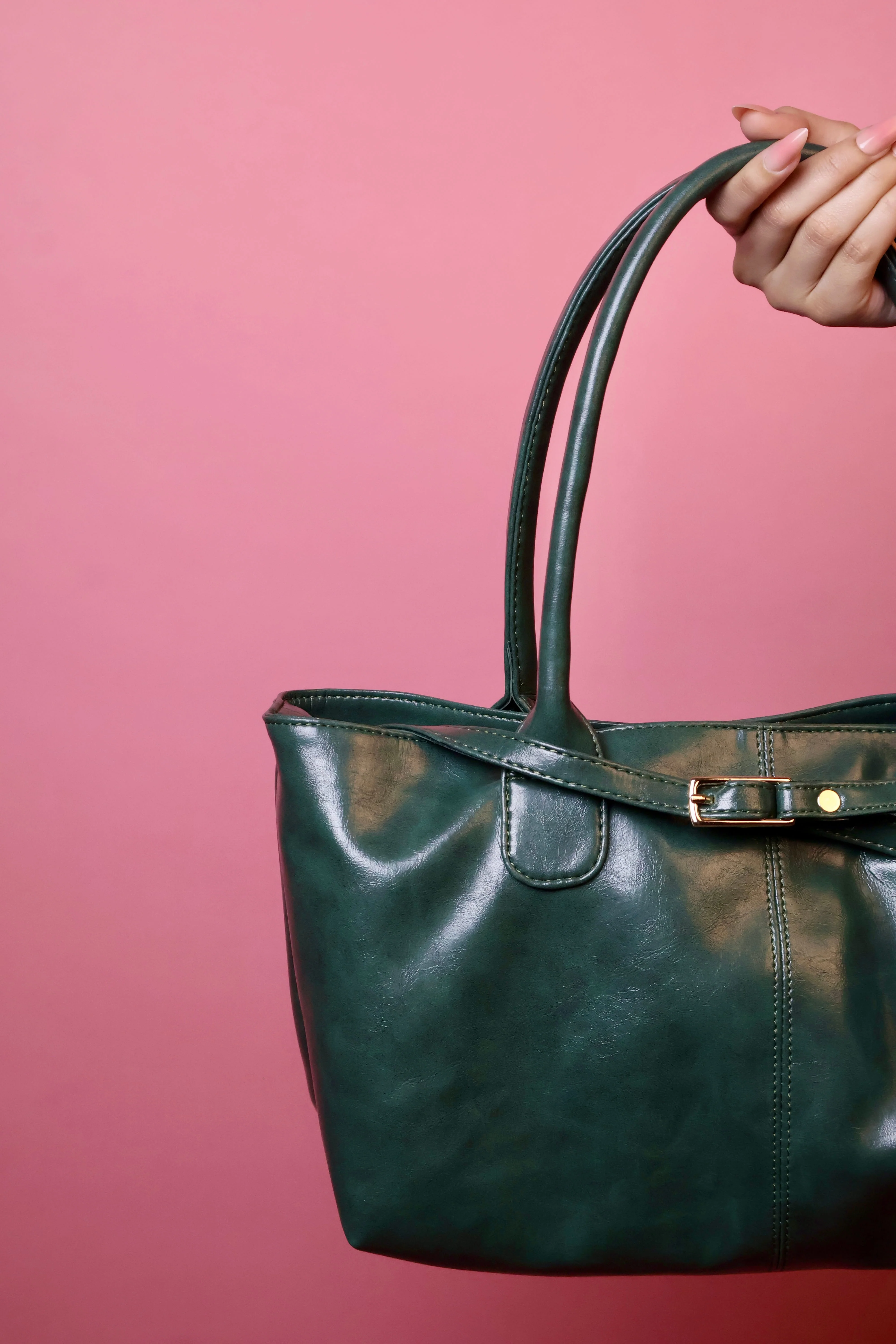 Emerald Green Buckle Detail Shoulder Tote Bag - Image 4