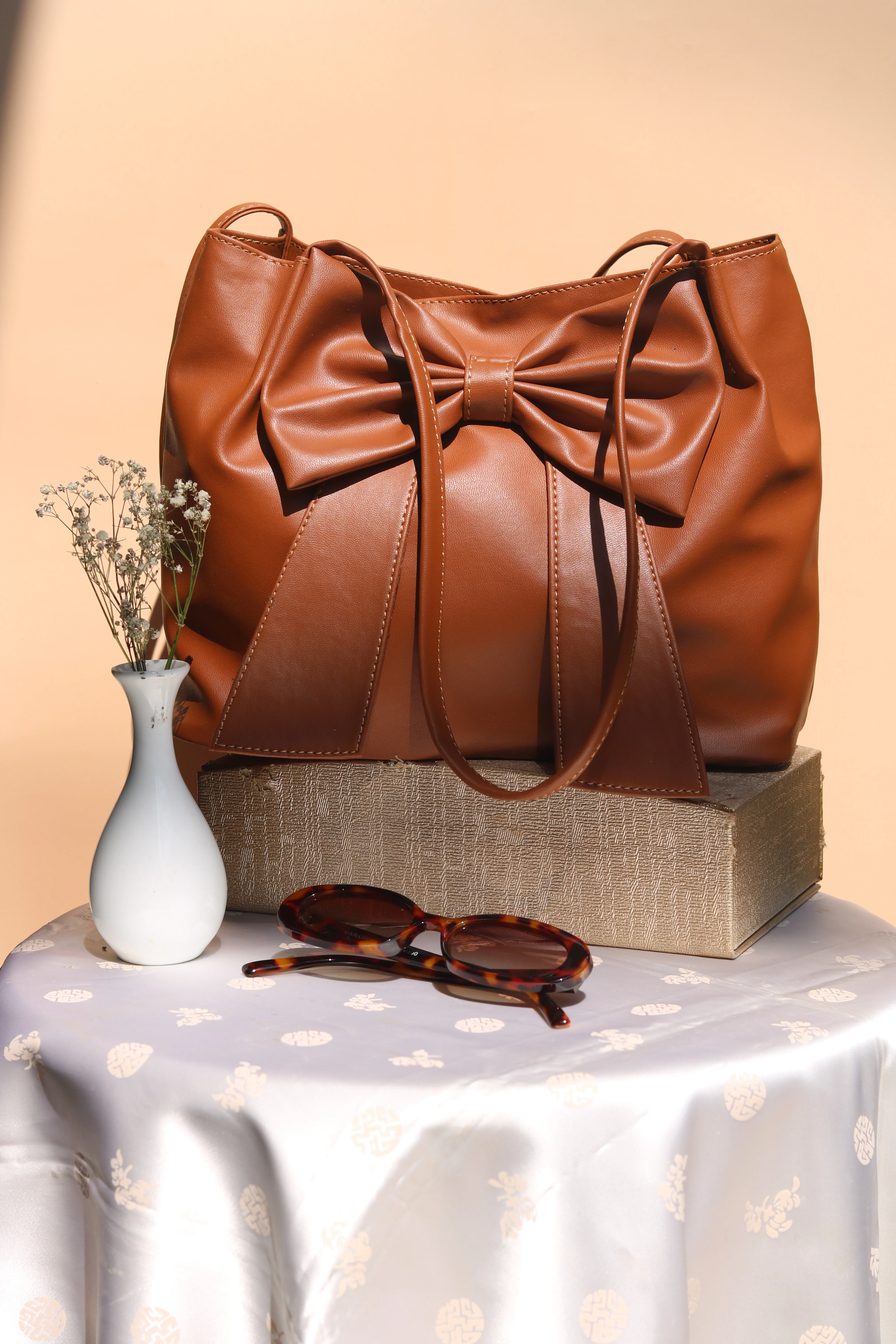 Tan Brown Soft Bow Hand Bag - Image 3