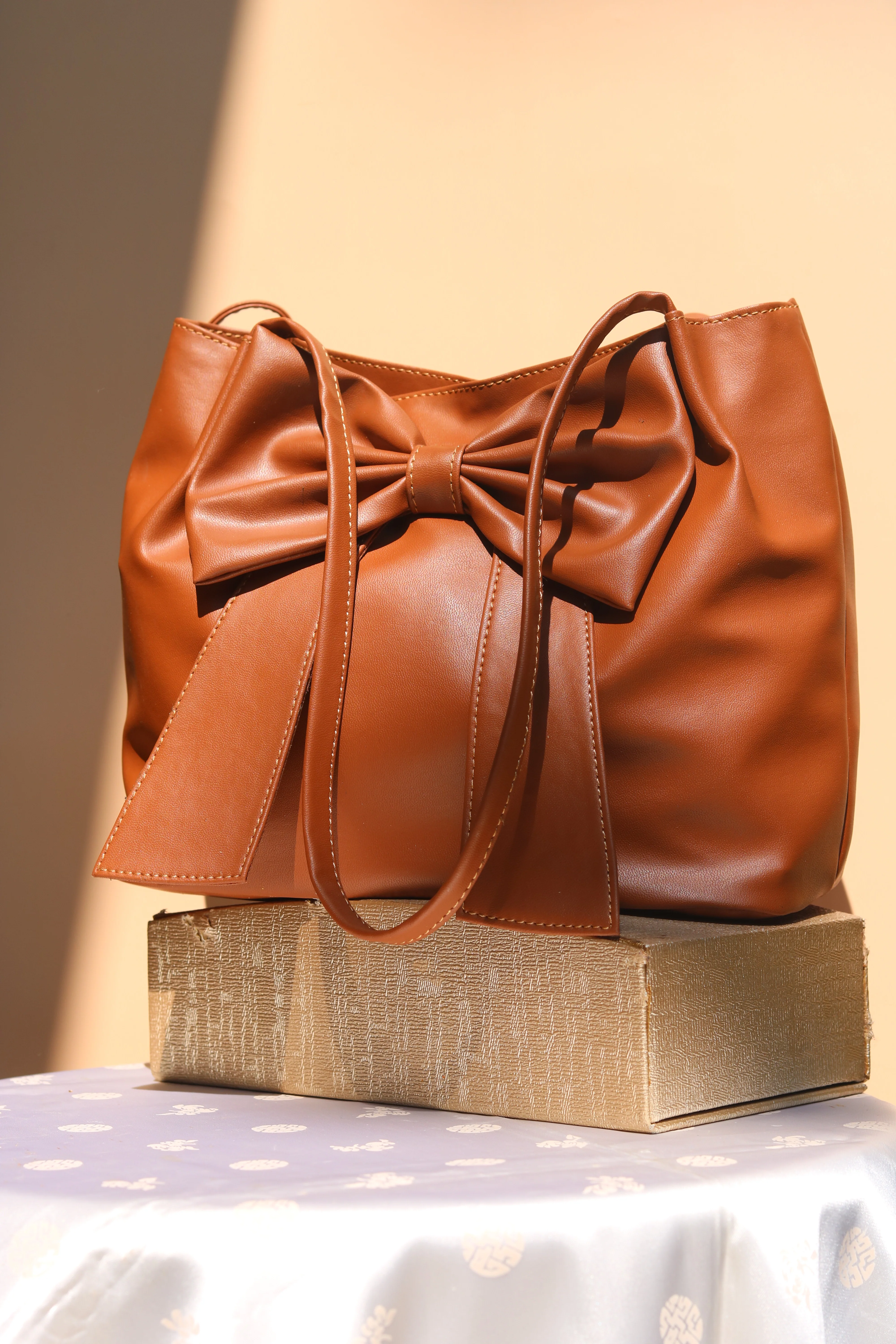 Tan Brown Soft Bow Hand Bag - Image 4