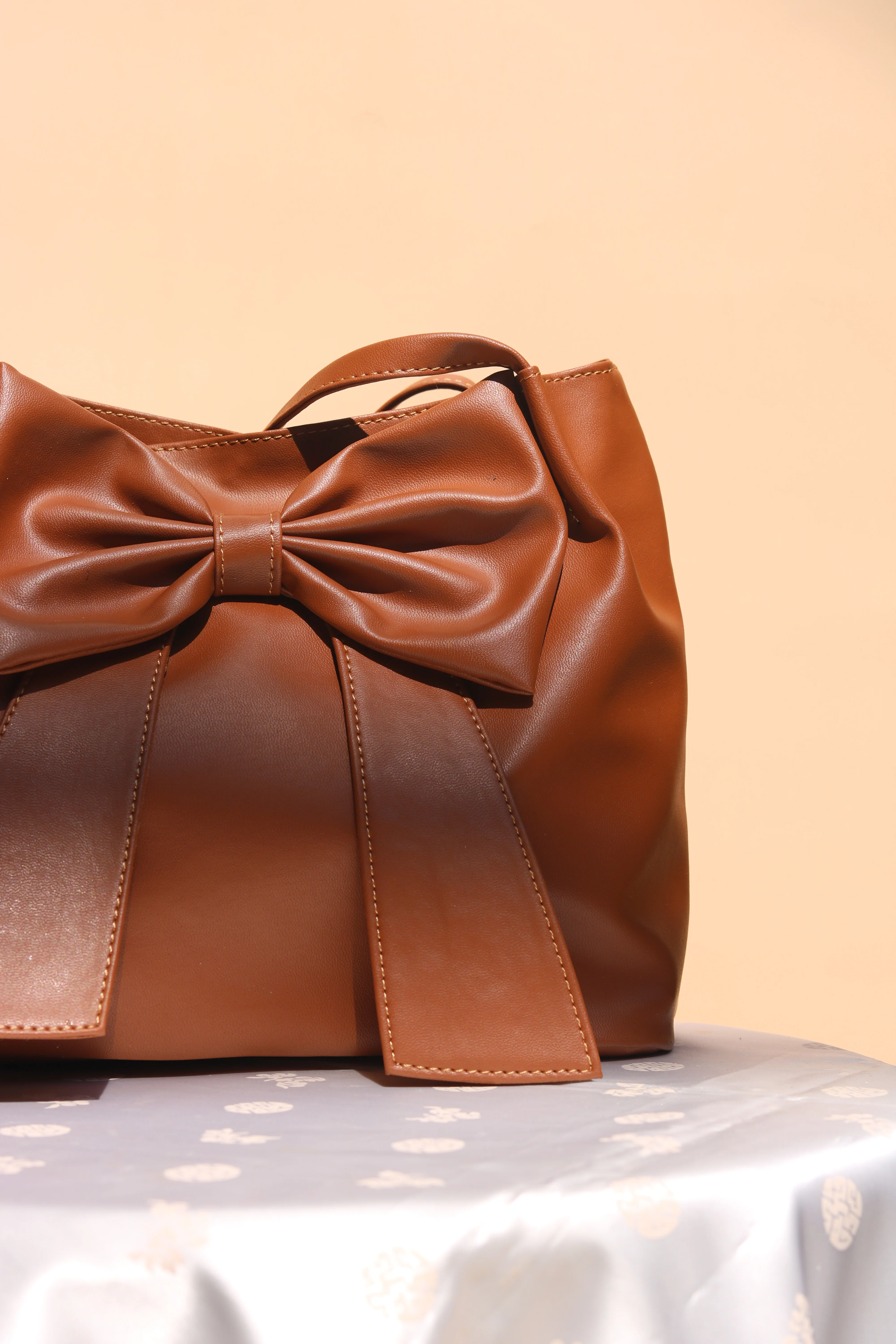 Tan Brown Soft Bow Hand Bag - Image 5