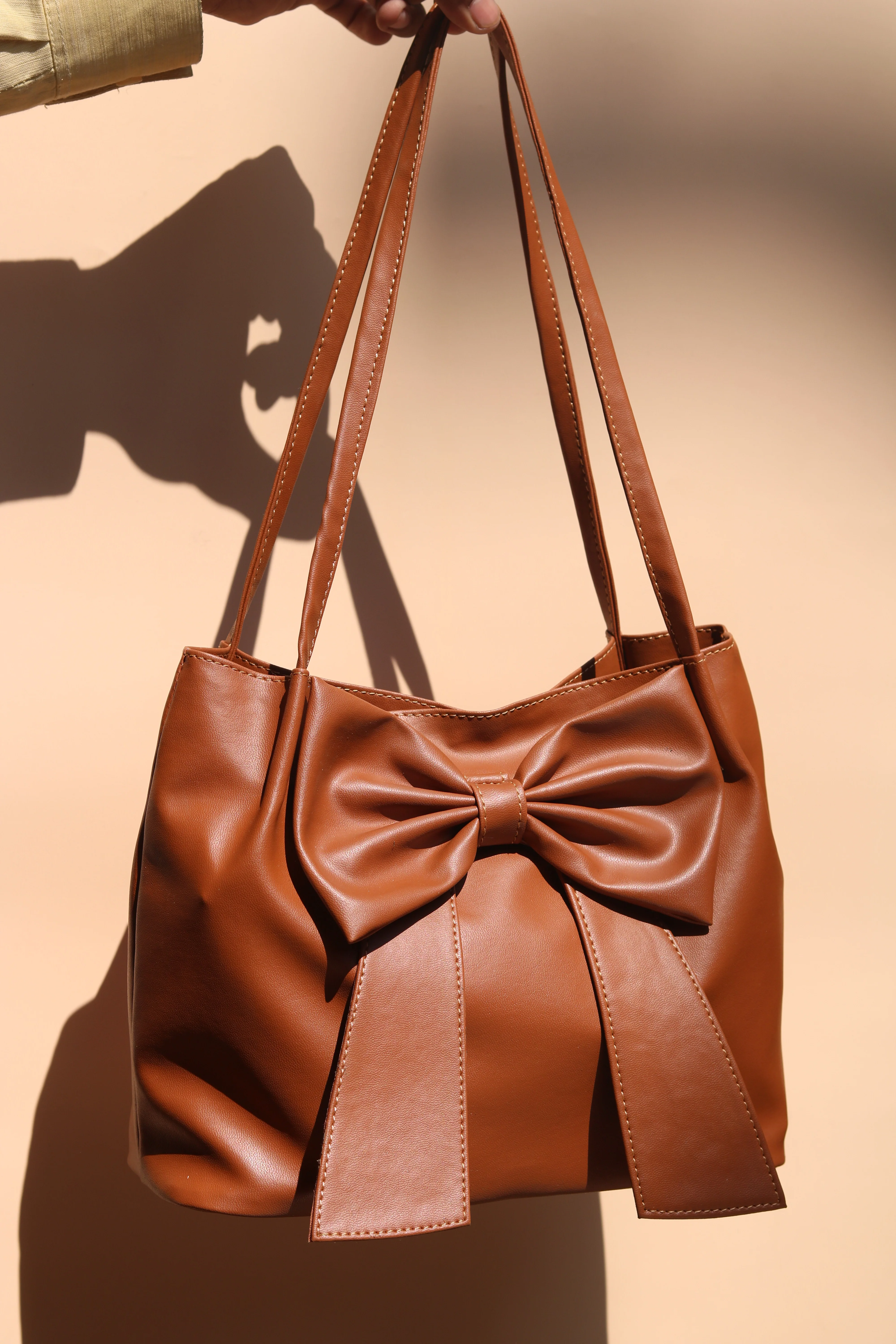 Tan Brown Soft Bow Hand Bag - Image 6
