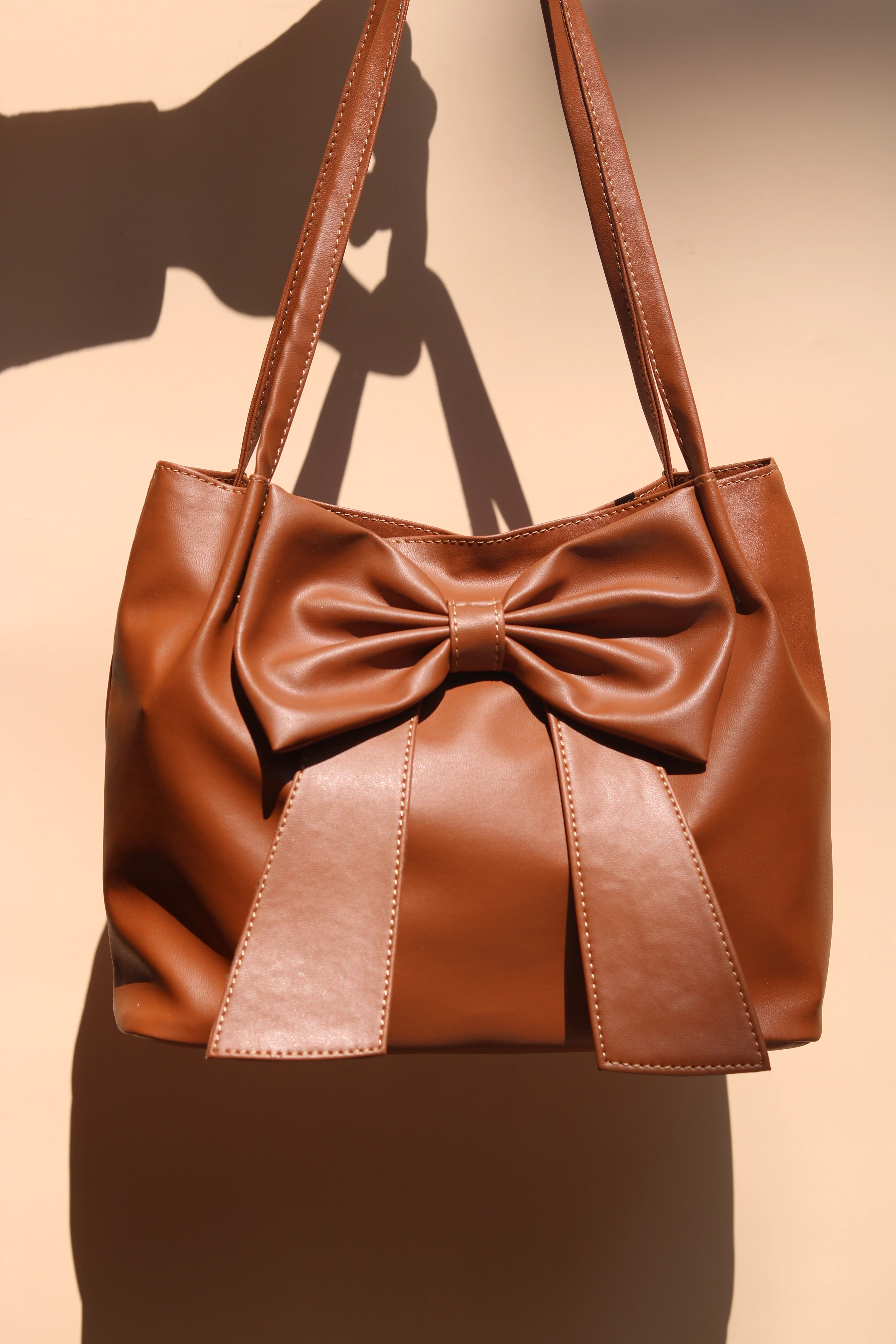 Tan Brown Soft Bow Hand Bag - Image 7